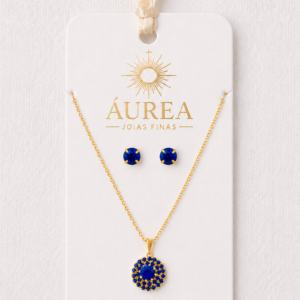 Conjunto Colar e Brinco Safira Imperial Folheado a Ouro 18k com Zircônia