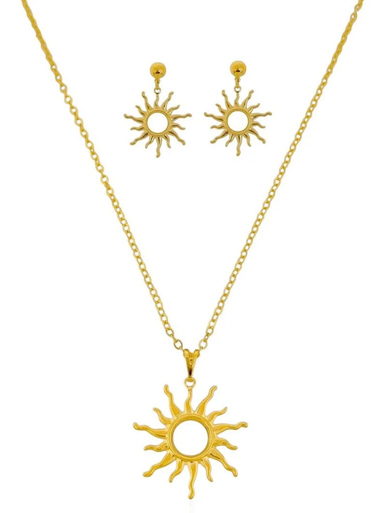Colar e brinco solar dourado folheado a ouro 18k